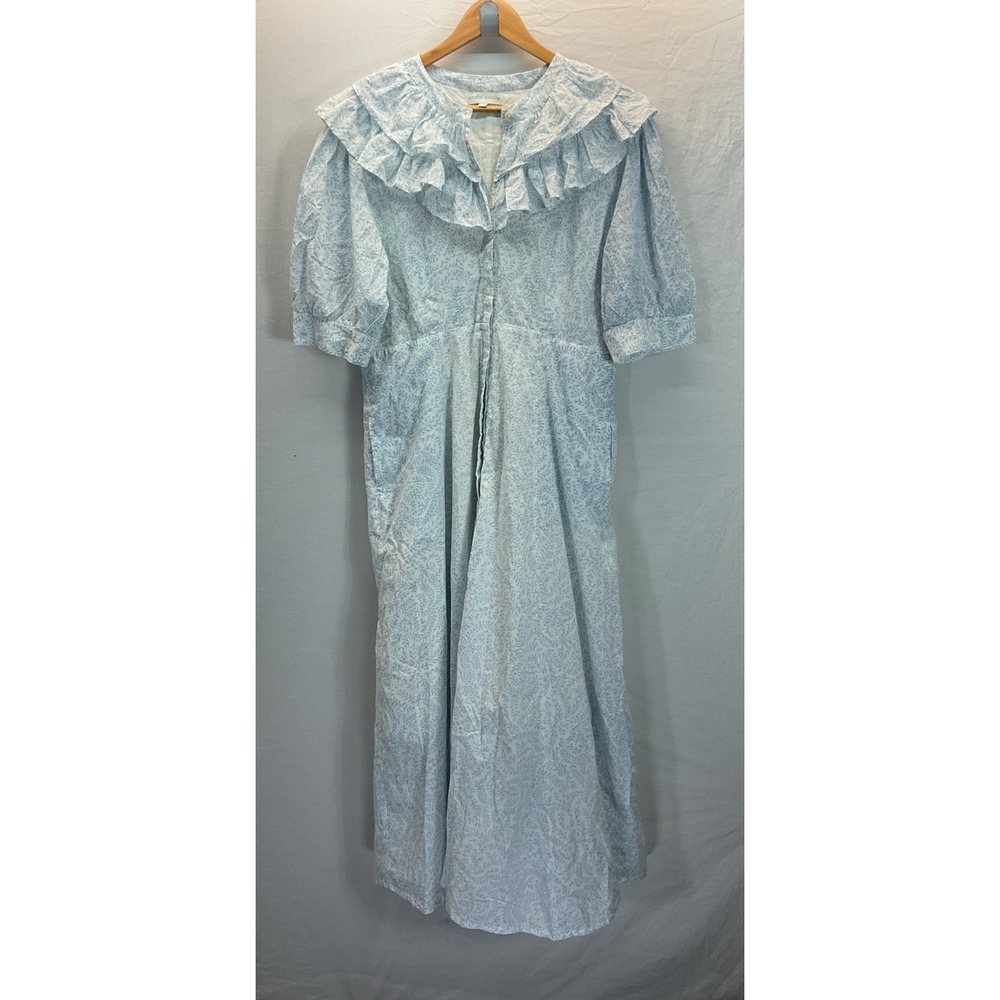 India Amory Julia Boho Blue Floral ruffled Shirt Maxi Resort puff sleev Dress LG